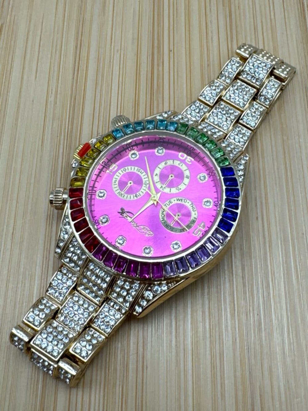 Ed Hardy Women's Gold Tone Bracelet Rainbow Watch Pink Dial Analog Quartz (2)
